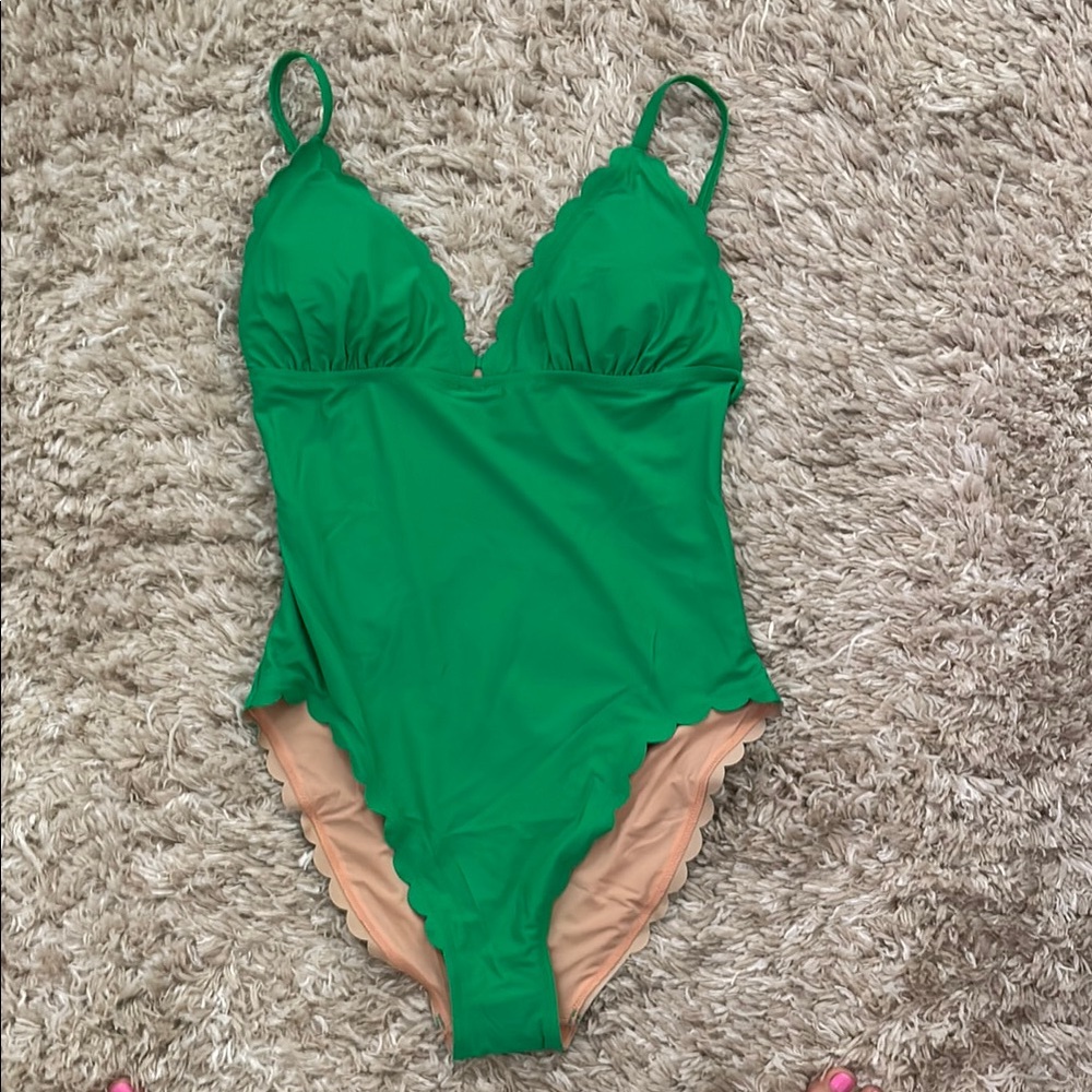 J. Crew Green One Piece Swimsuit with Plunging Neckline and Adjustable Straps